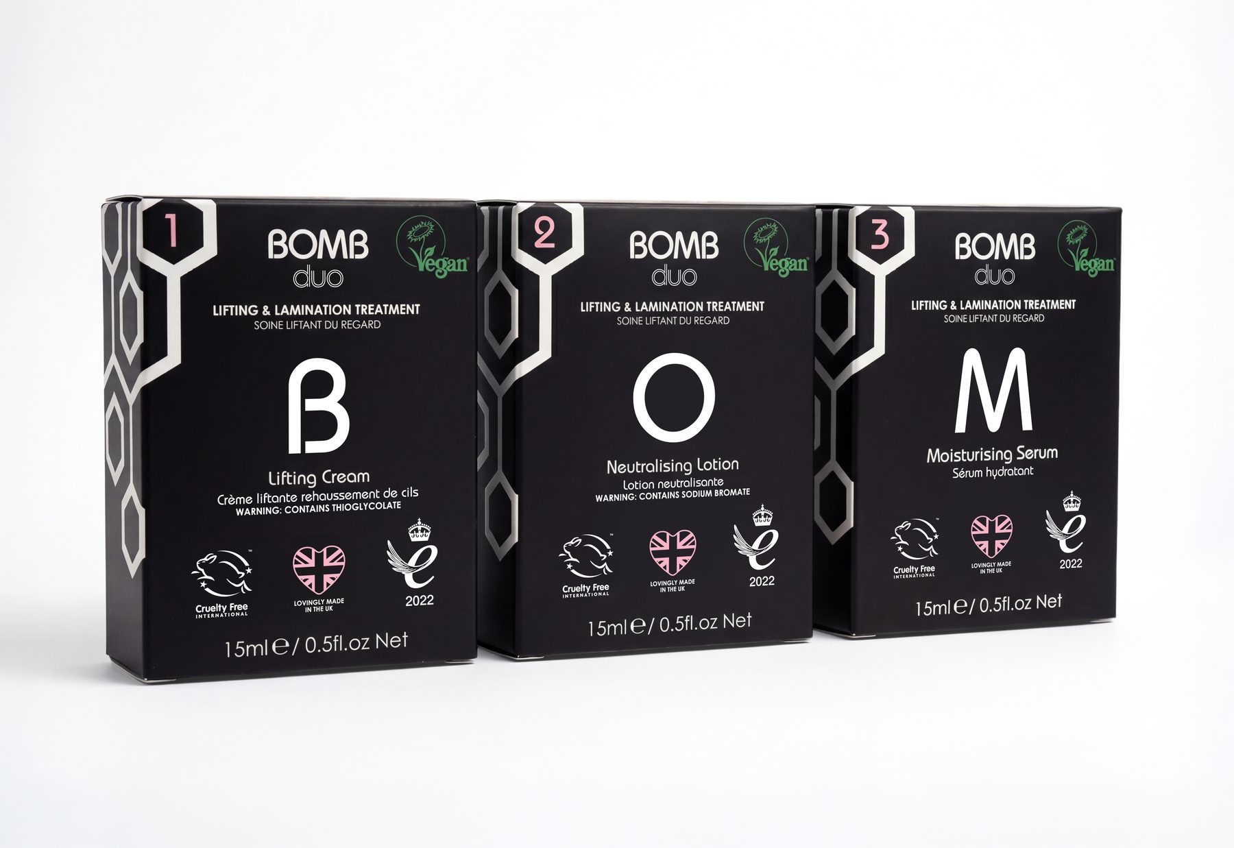 BOMB Duo treatment boxes for steps 1, 2 and 3, black with white lettering