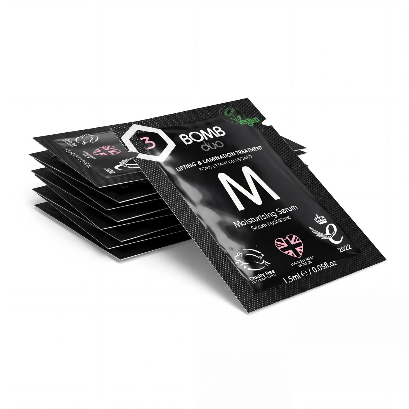 Stack of BOMB Duo Step 3 moisturising serum sachets