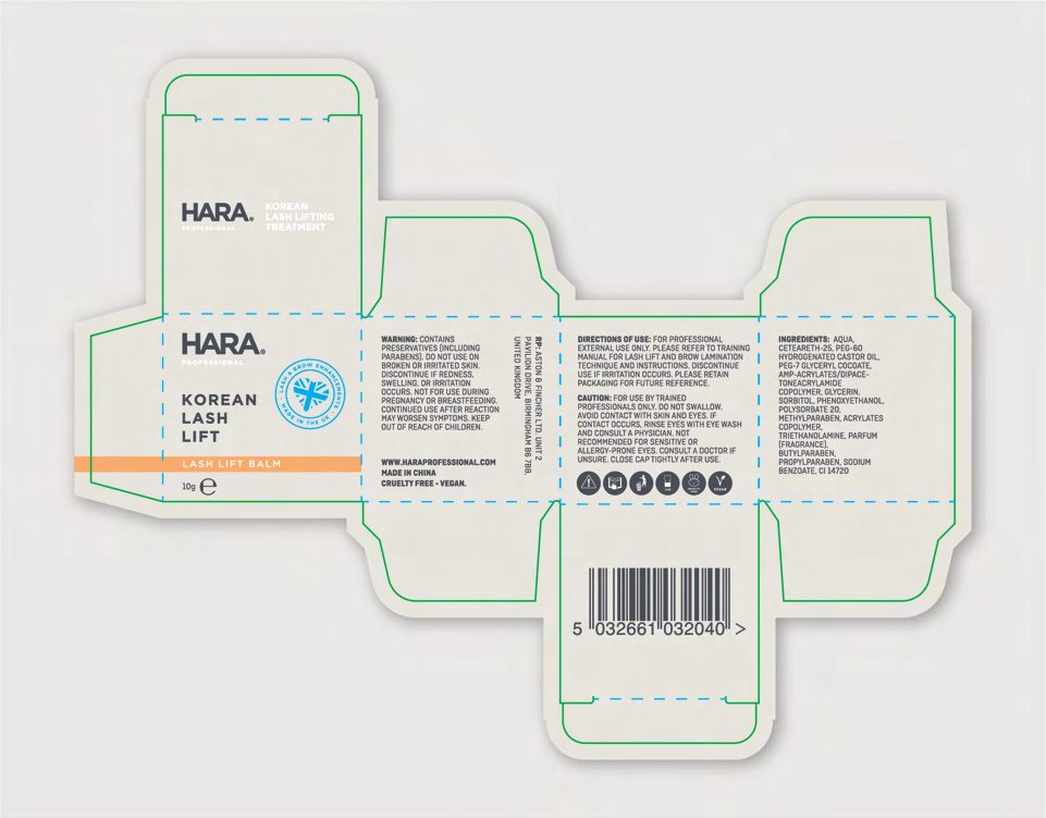 HARA Korean Lash Lift box artwork laid out on its supplier dieline with barcode and print specification notes
