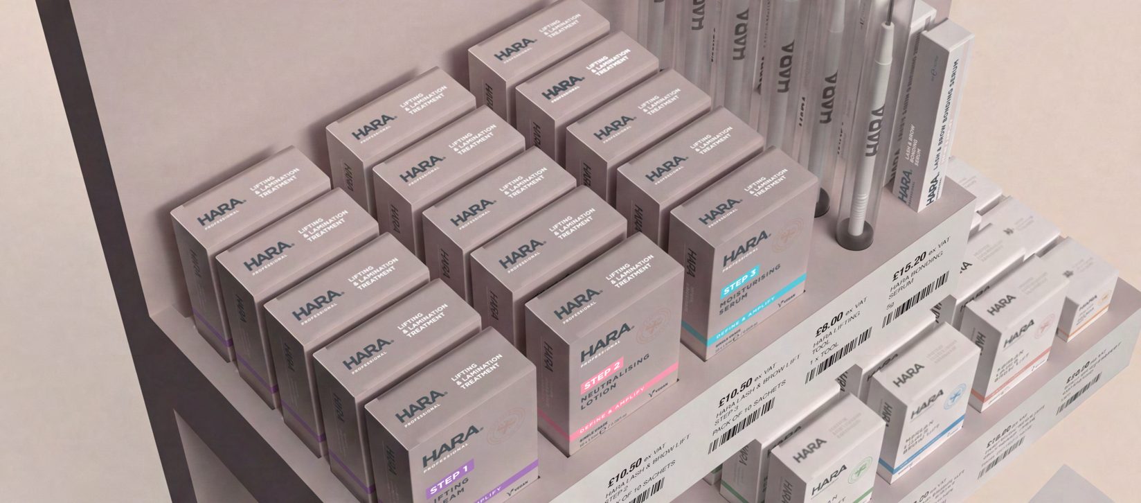 HARA cartons merchandised on the shelves of a bespoke display unit