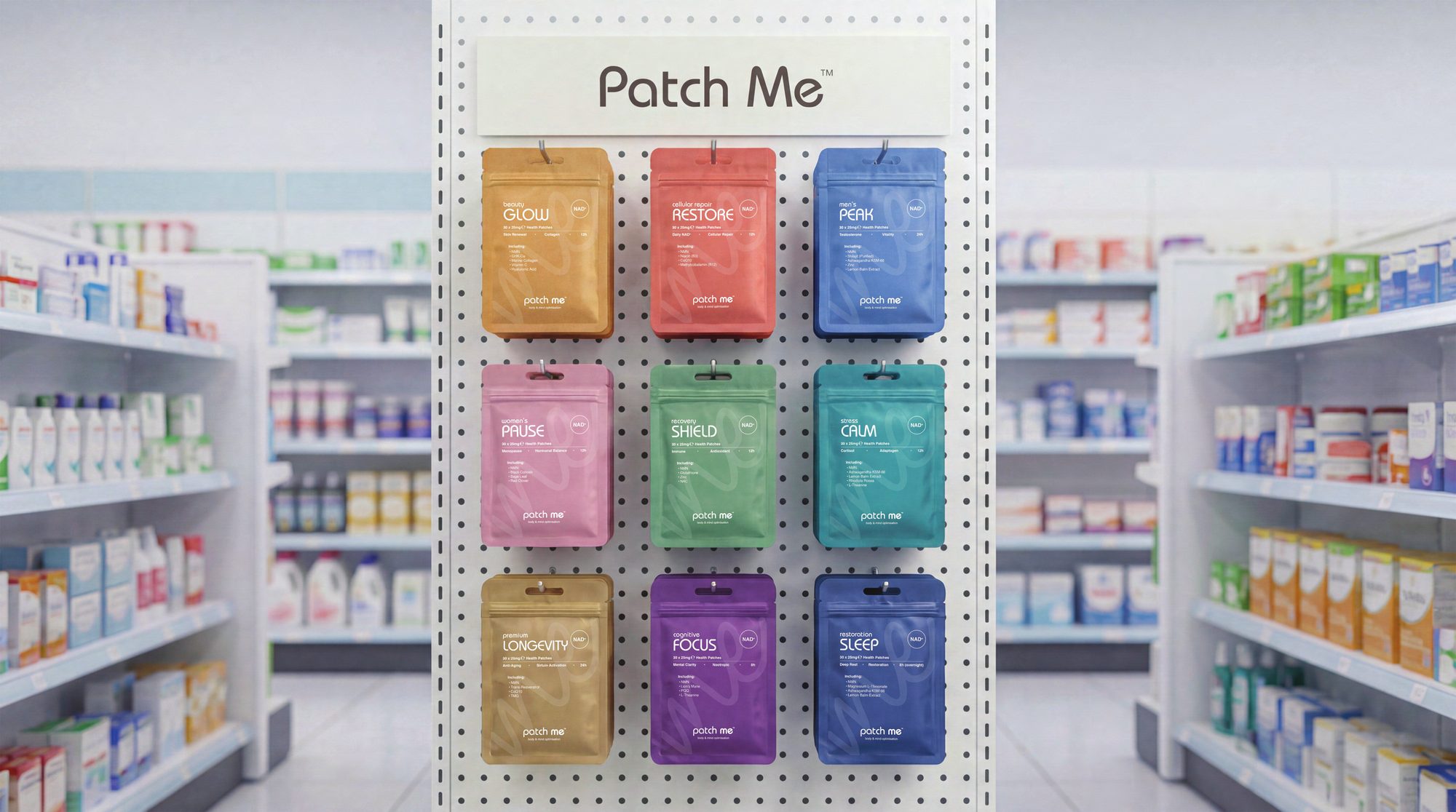 Patch Me pouches in nine colours on a pharmacy peg wall