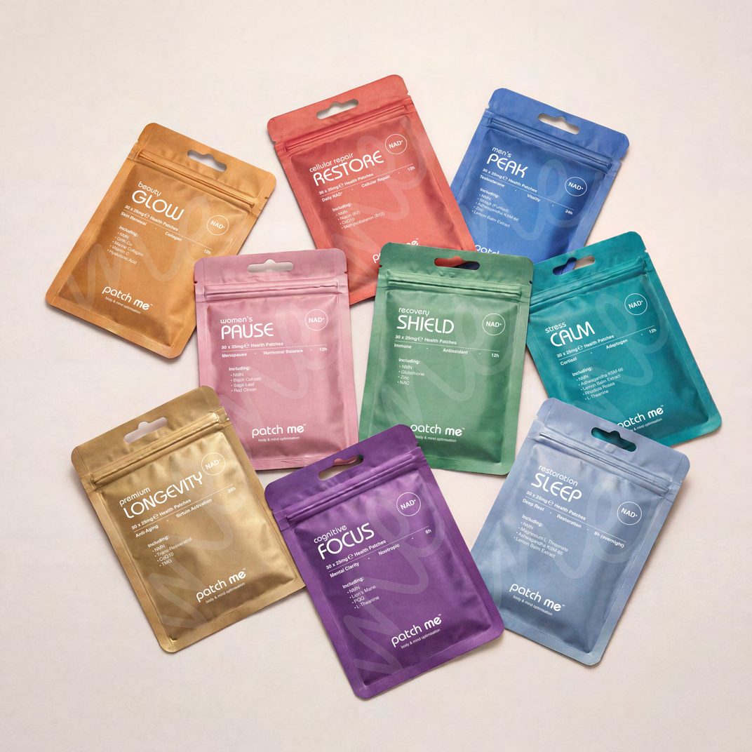 The full Patch Me range of nine metallic foil pouches