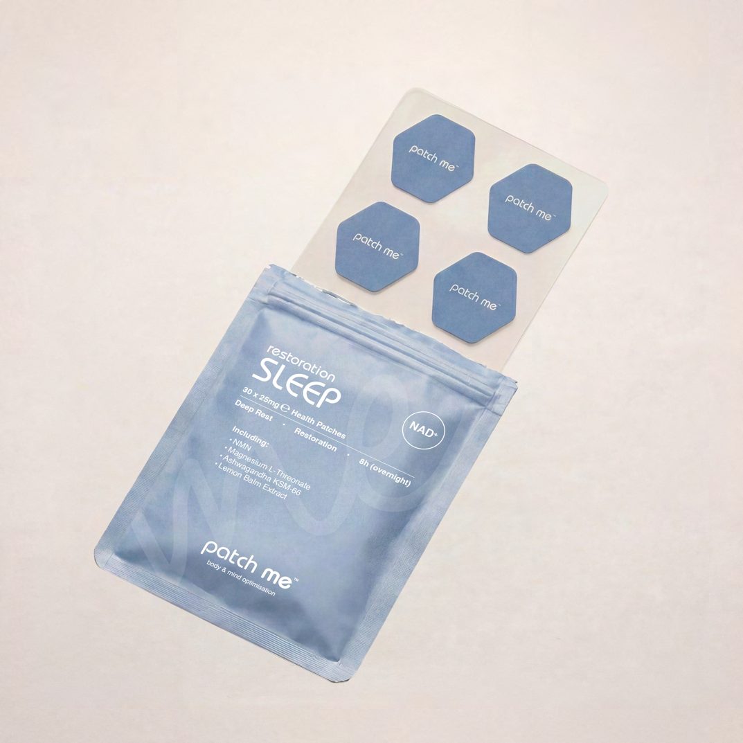Patch Me Sleep pouch in pale blue with hexagonal patches resting on the front