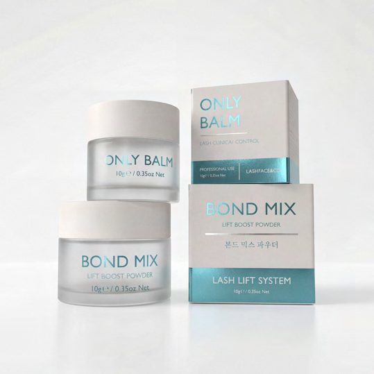 Lash lift bond mix and balm jars with teal and white cartons