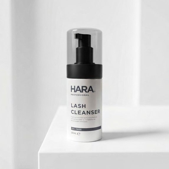 HARA Professional lash cleanser pump bottle on a white plinth