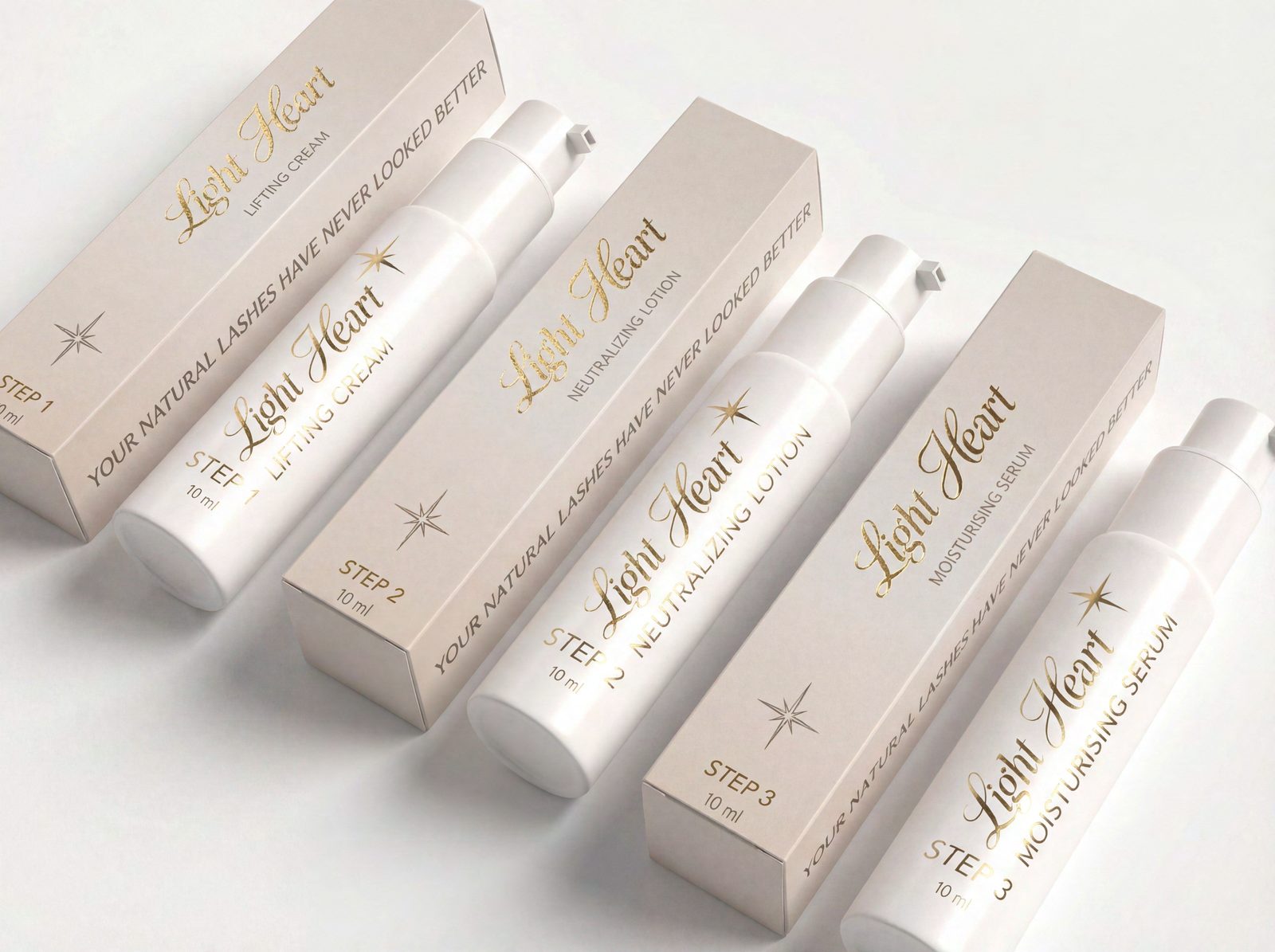 Cream and gold lash and brow serum cartons and tubes