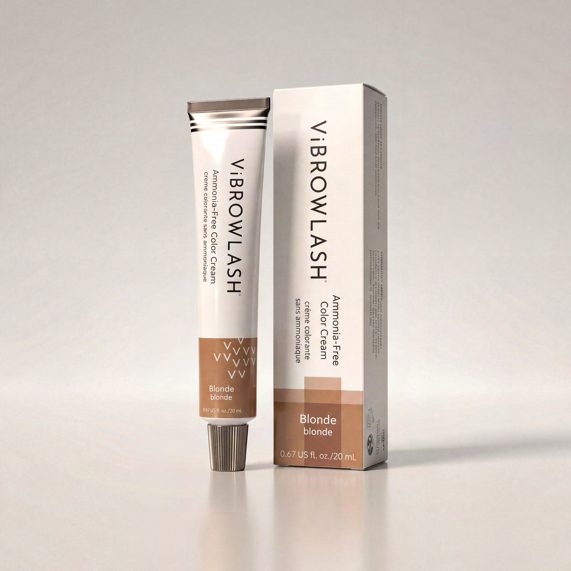Two vertical cartons and a tube of brow and lash colour cream in warm neutral tones