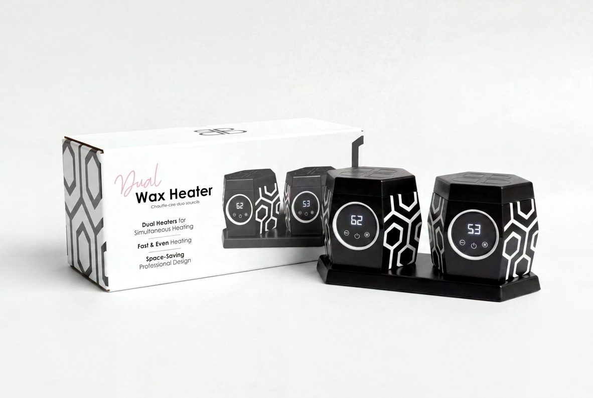 Wax heater packaging with a black and white hexagon pattern beside two wax heaters